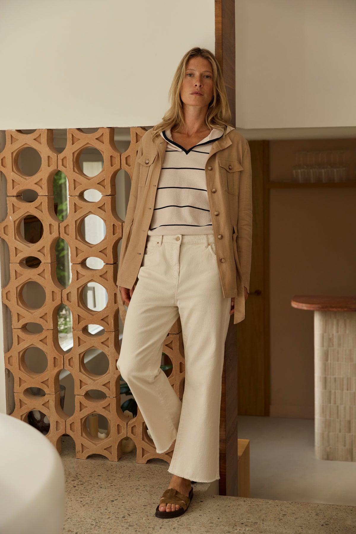 Pull à capuche beige à rayures en maille ALPHA-BIS/13236/781