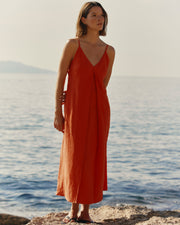 robe à bretelle orange longueur midi en lin