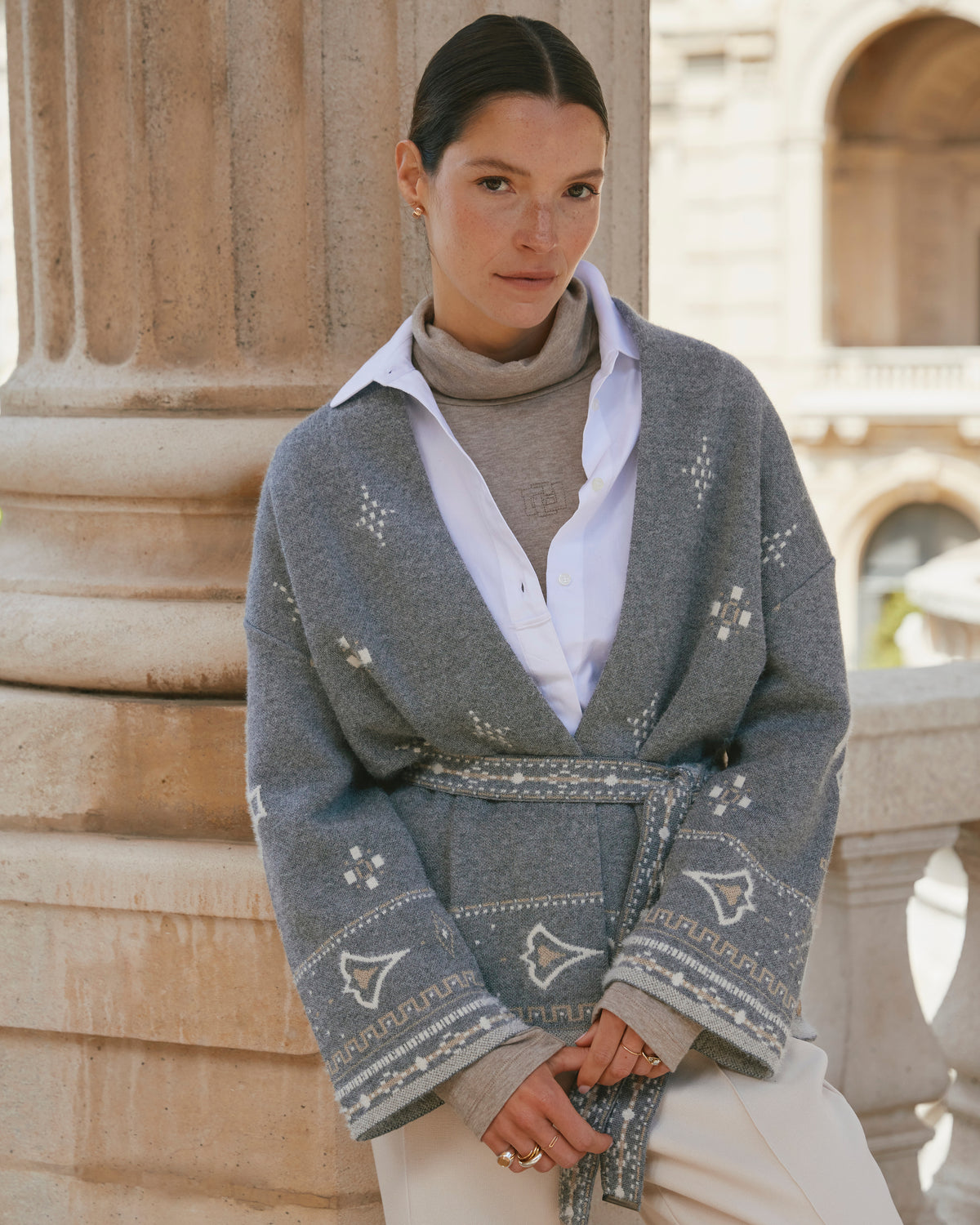 Veste grise imprimée ceinturée col châle VENISE/14008/911
