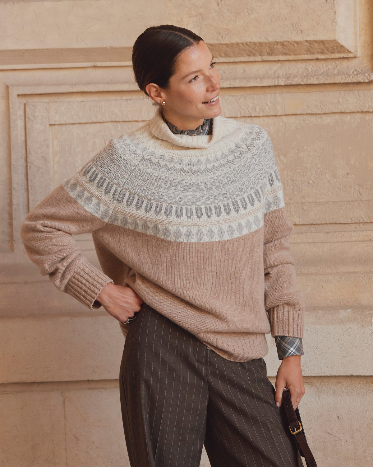 Pull beige jacquard col montant AOBA-NEW/14213/781