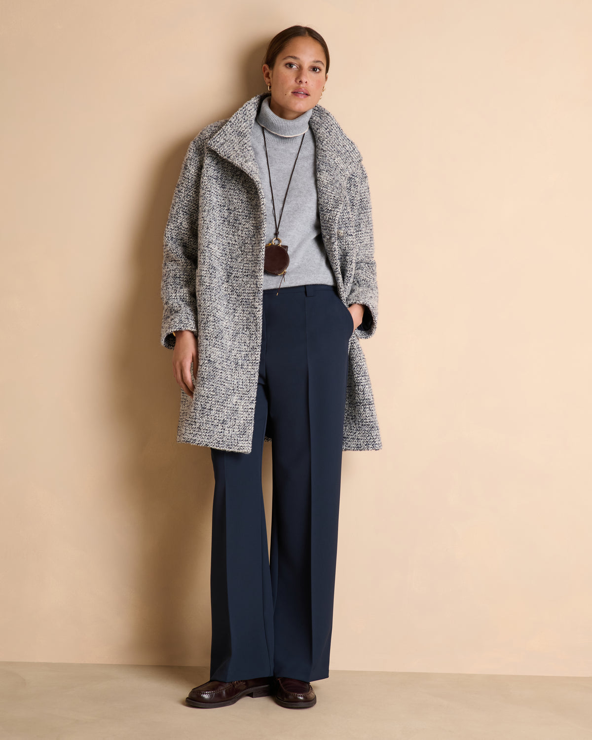Manteau gris long en tweed col montant MALANGA/14119/639