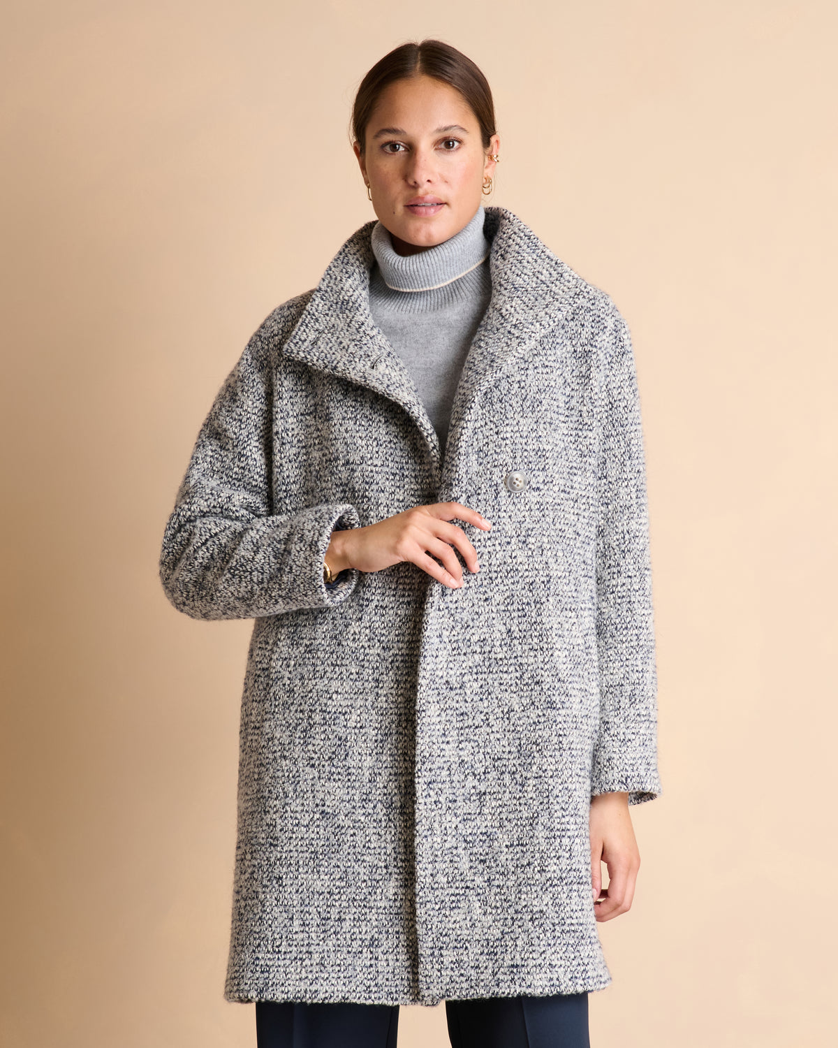 Manteau gris long en tweed col montant MALANGA/14119/639