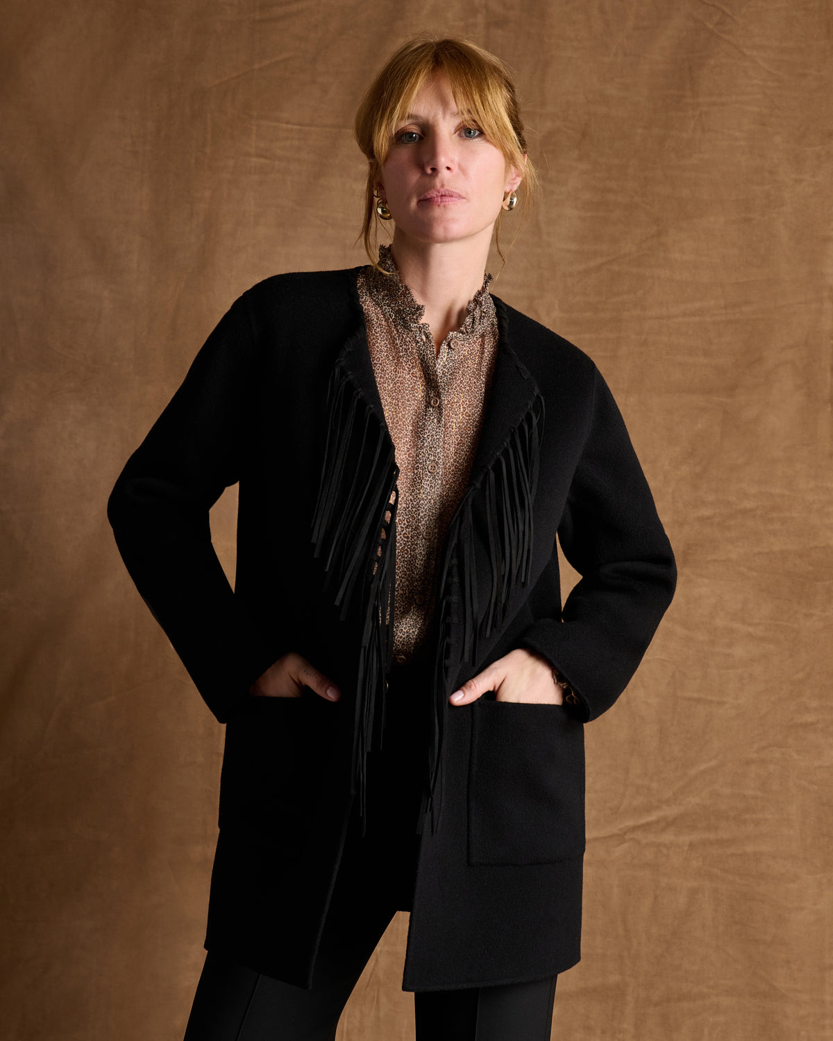 Manteau court noir frangé MALGACHE/14212/500