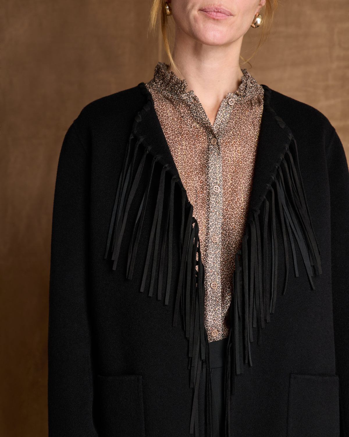 Manteau court noir frangé MALGACHE/14212/500