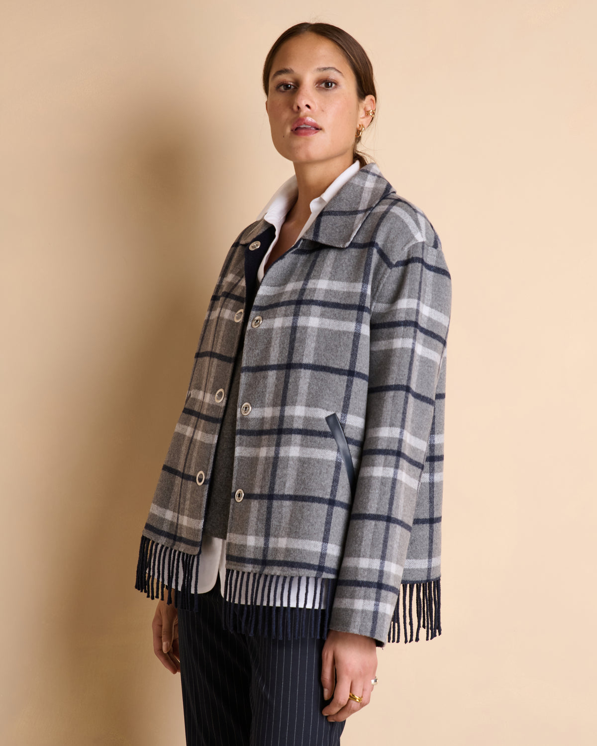 Manteau réversible gris et bleu marine court à carreaux MANCHESTER/14118/660