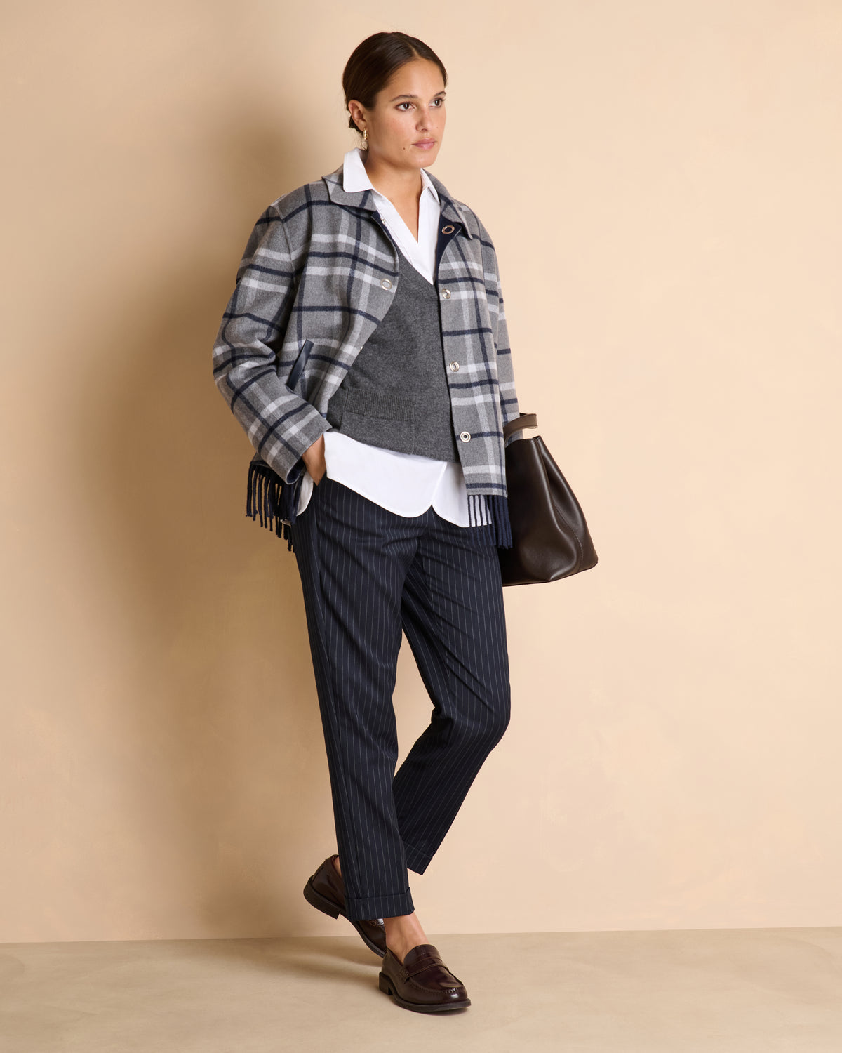 Manteau réversible gris et bleu marine court à carreaux MANCHESTER/14118/660