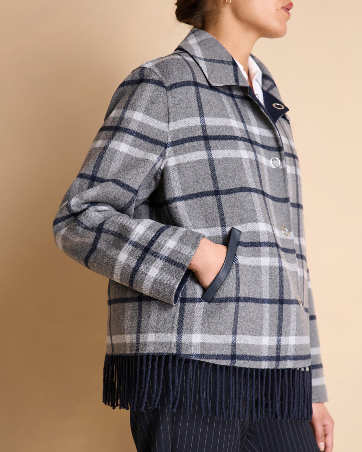 Manteau réversible gris et bleu marine court à carreaux MANCHESTER/14118/660