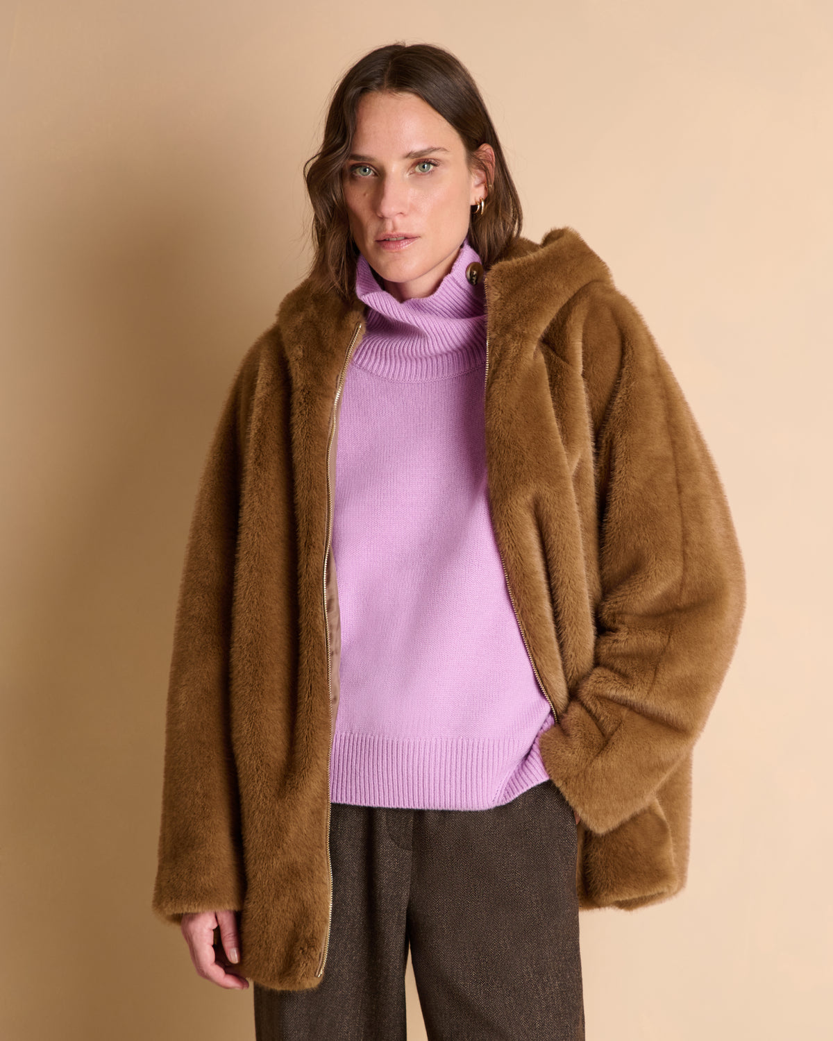 Manteau court camel zippé à capuche MARMOTTE/14034/042
