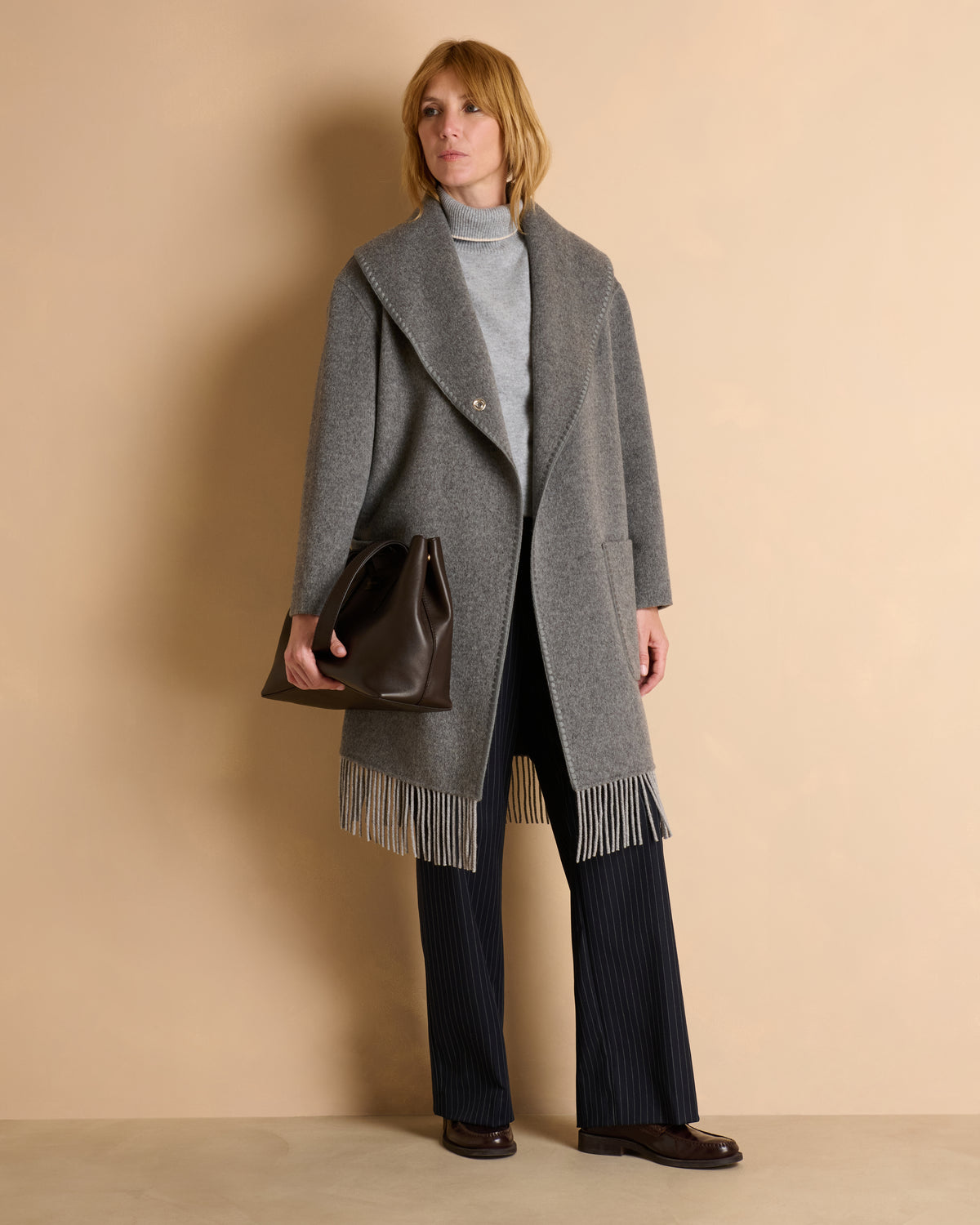 Manteau gris long frangé MASCOTTE/14210/911