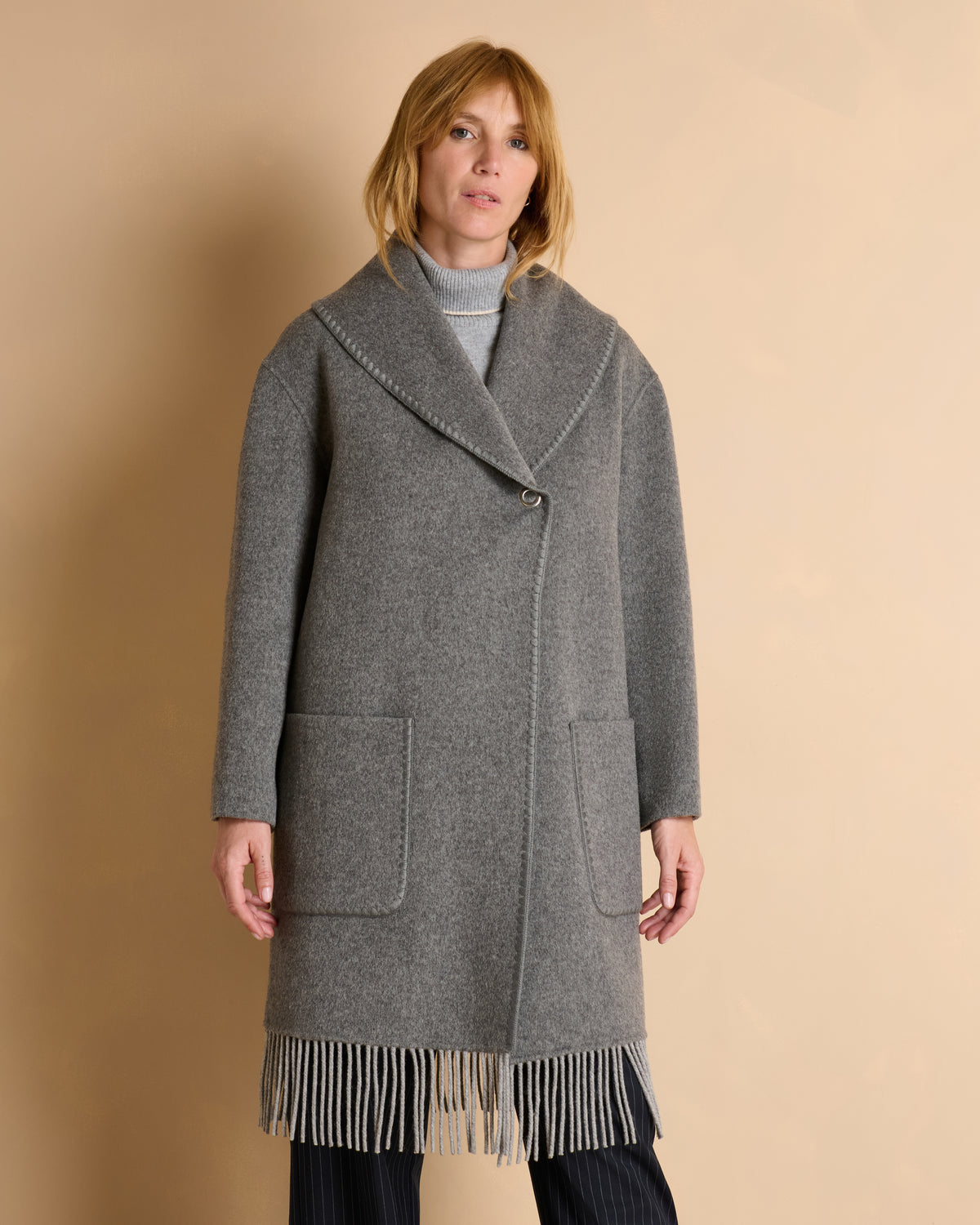 Manteau gris long frangé MASCOTTE/14210/911