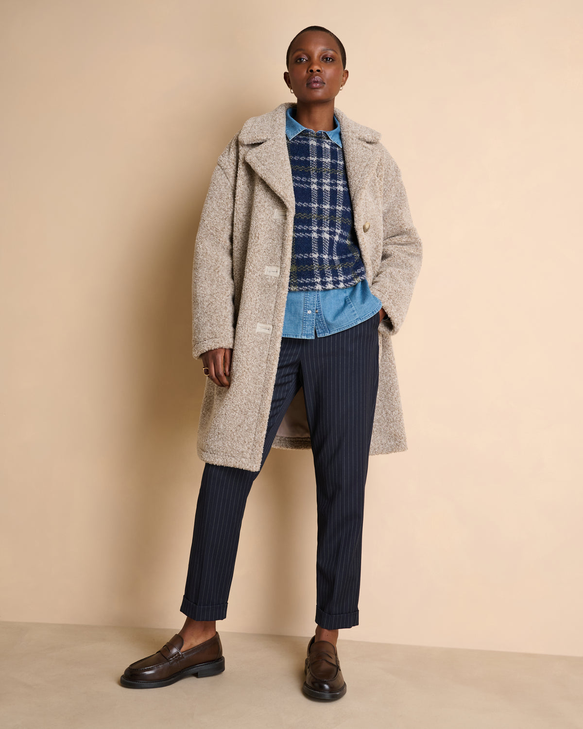 Manteau long beige col tailleur METELIO/14201/023