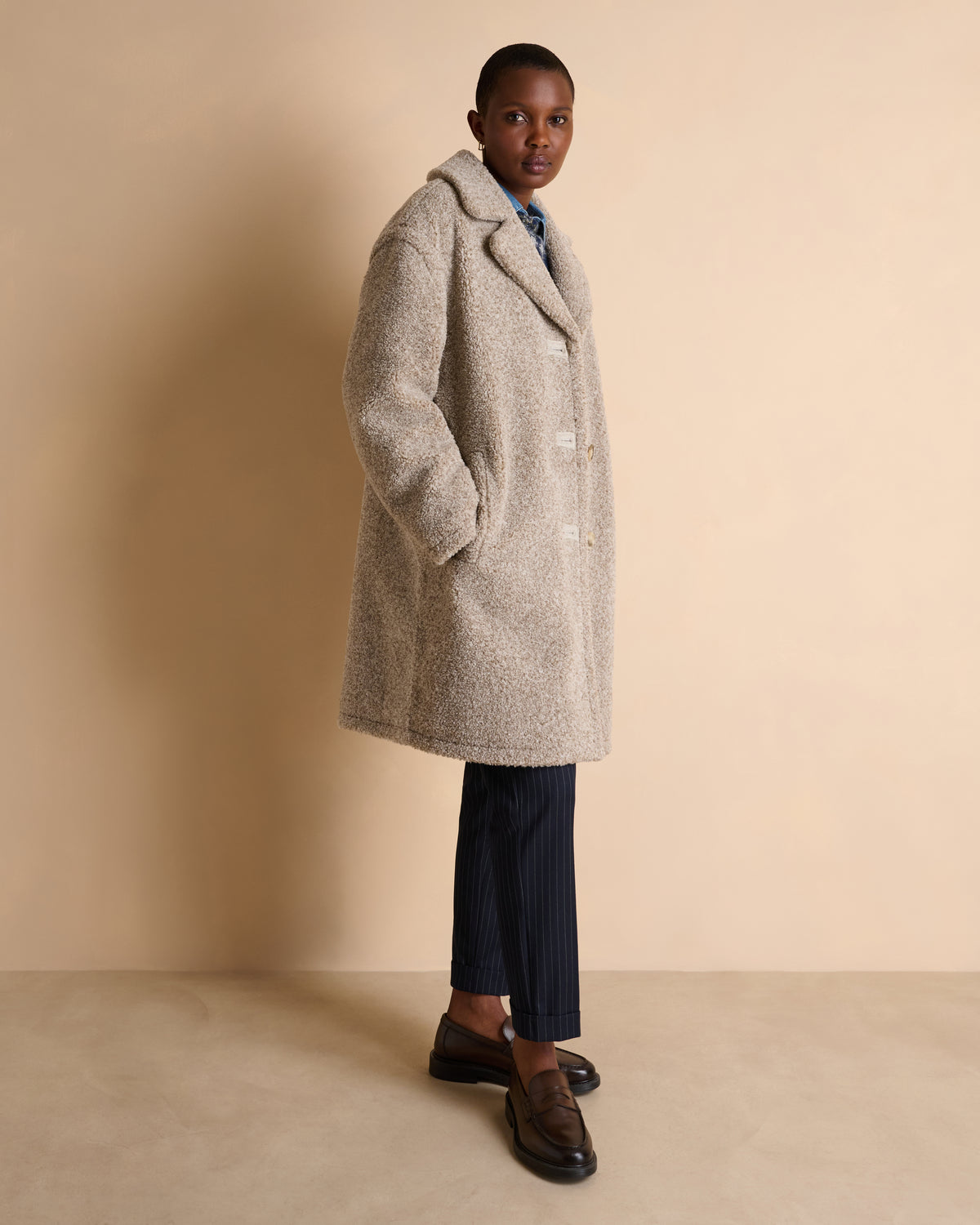 Manteau long beige col tailleur METELIO/14201/023