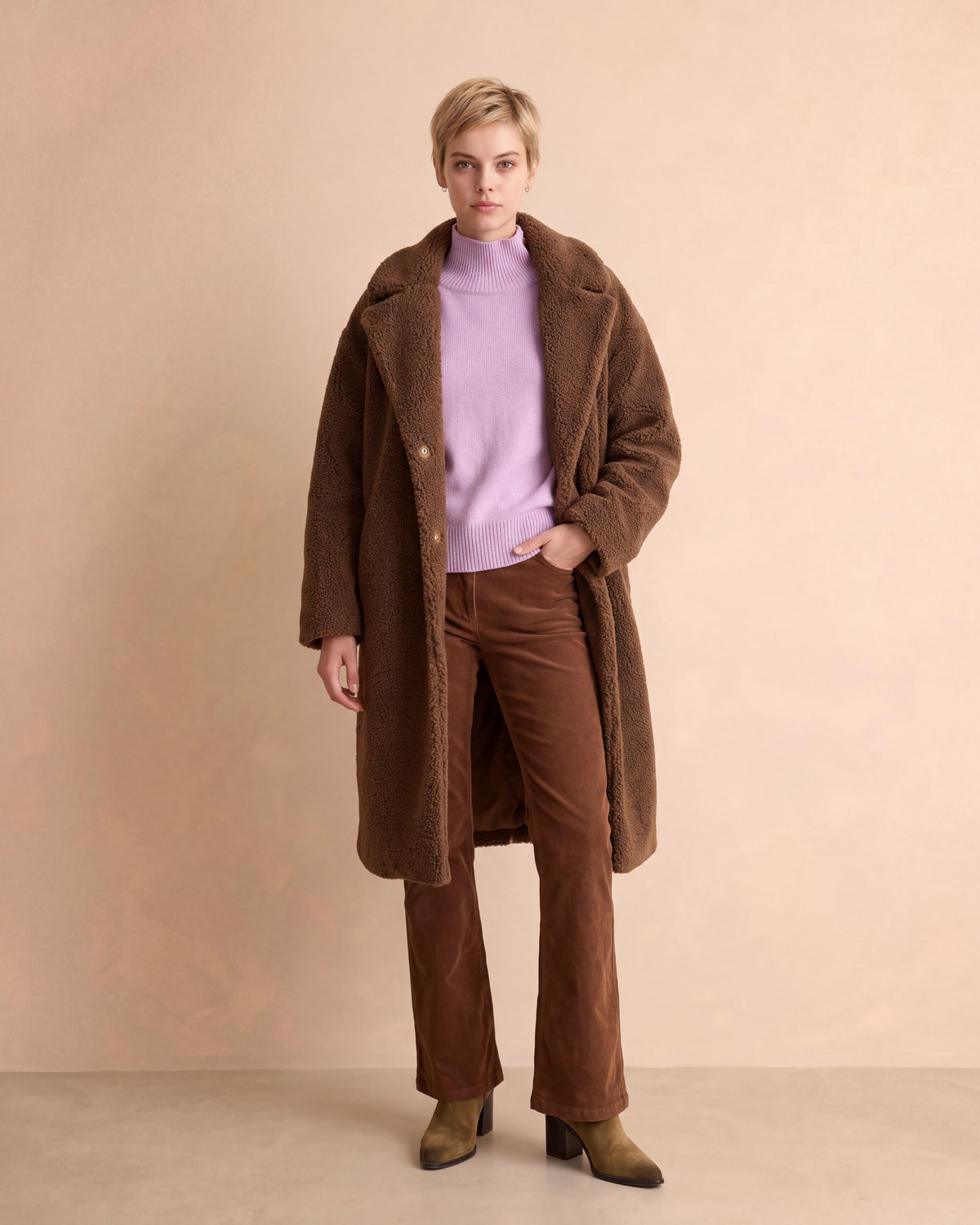 Manteau long marron col tailleur METEO14/14235/039
