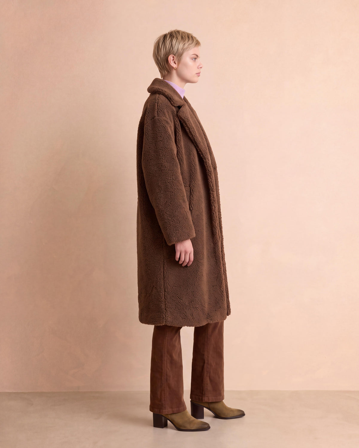 Manteau long marron col tailleur METEO14/14235/039