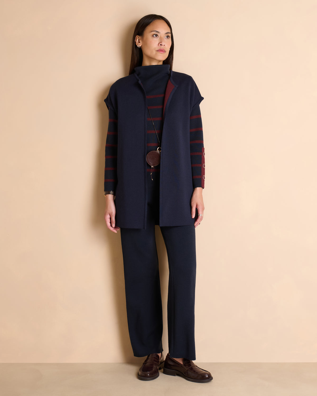 Manteau réversible bleu marine et bordeaux sans manches en laine NERINE1927-14/14150/886