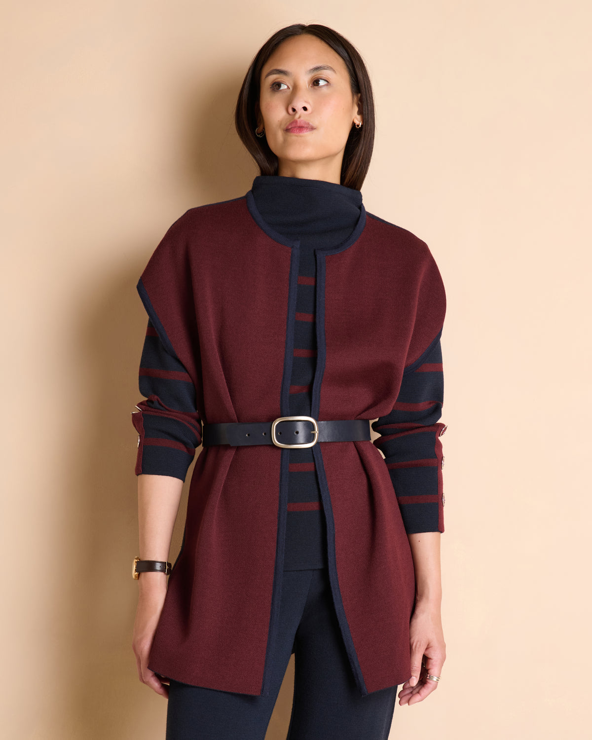 Manteau réversible bleu marine et bordeaux sans manches en laine NERINE1927-14/14150/886
