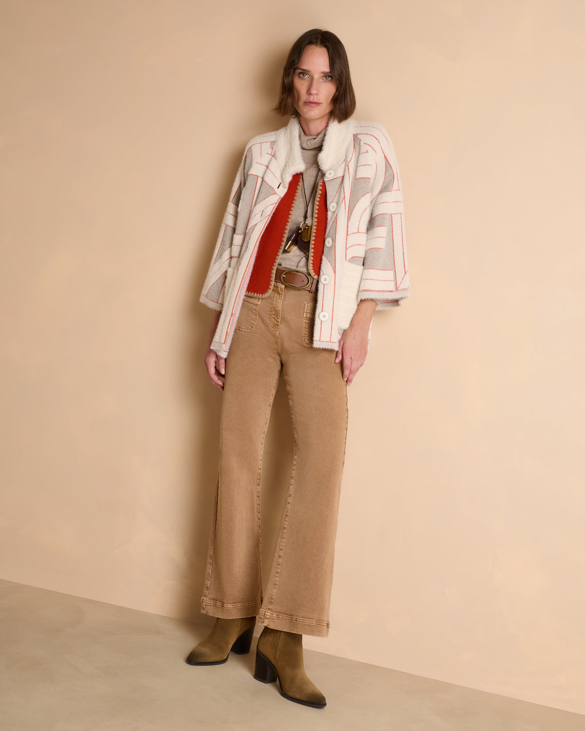 Manteau court beige en jacquard col montant NEVADA/14009/781