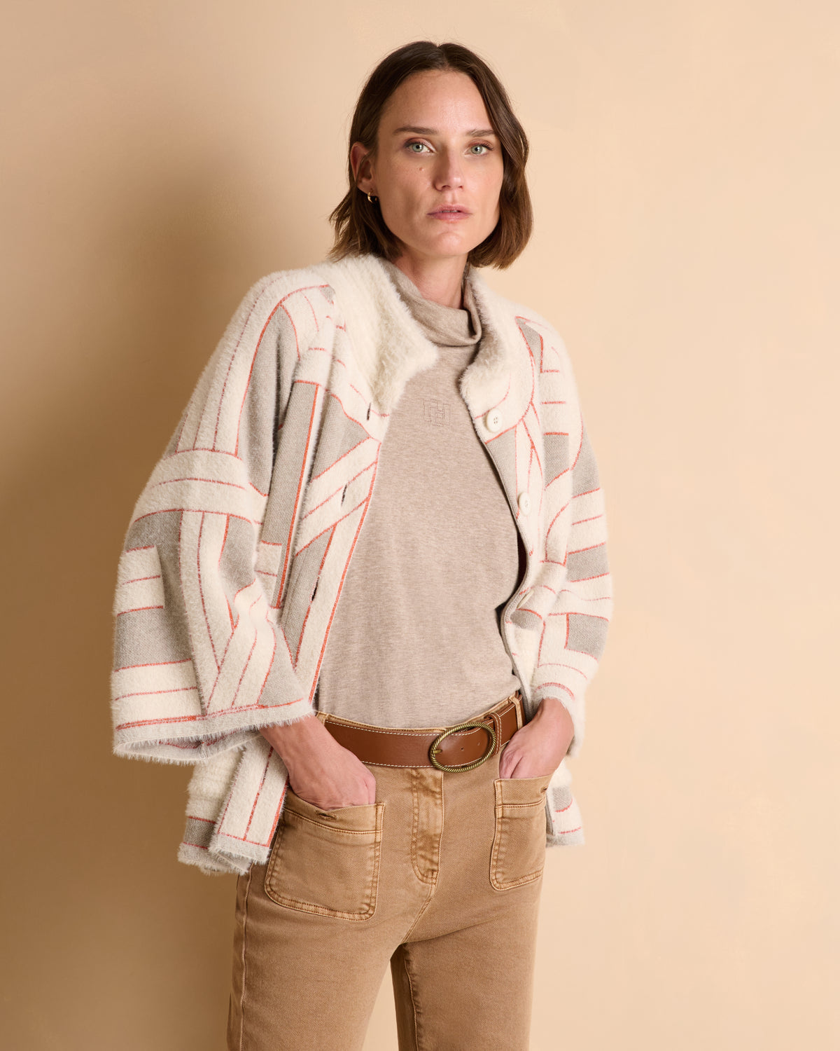 Manteau court beige en jacquard col montant NEVADA/14009/781