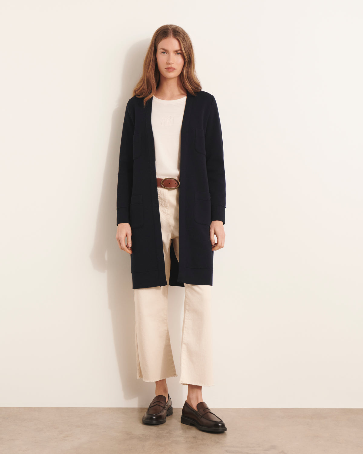 Manteau long bleu marine en laine mérinos NEVALI/13243/317