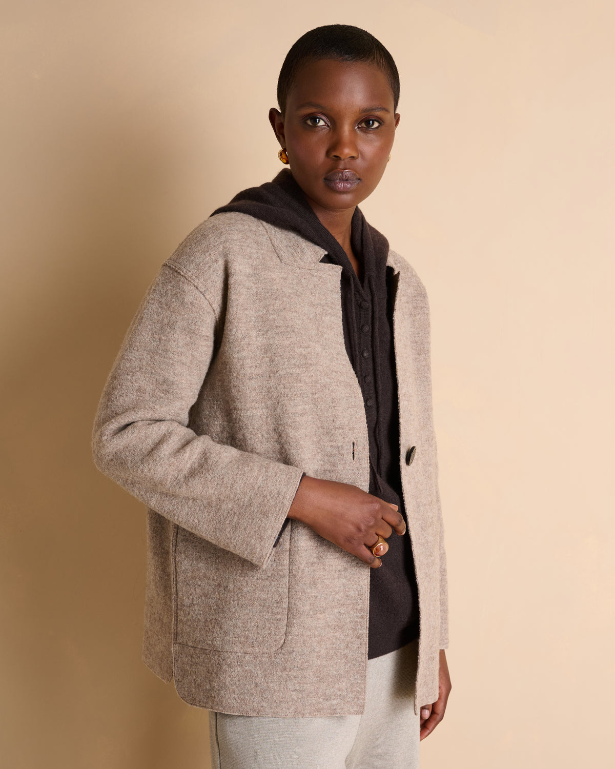 Manteau court beige en laine bouillie col montant NEWTON1927-14/14062/781