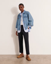 pantalon droit 7/8e en double toile stretch bleu marine