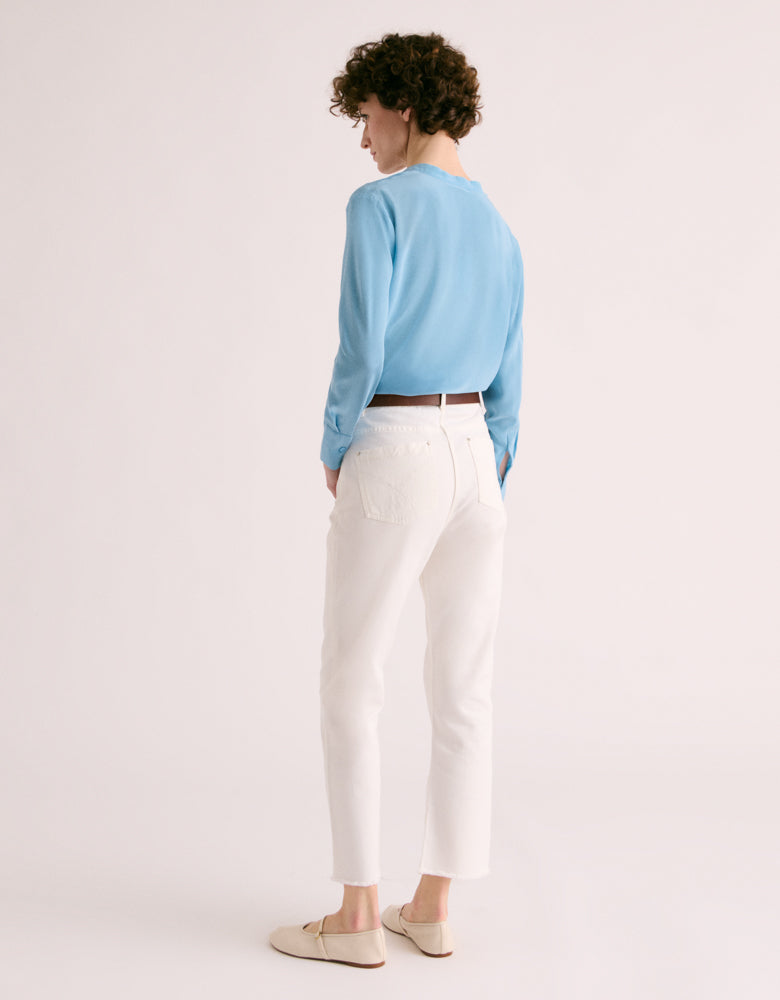 jean droit blanc ourlet frangé