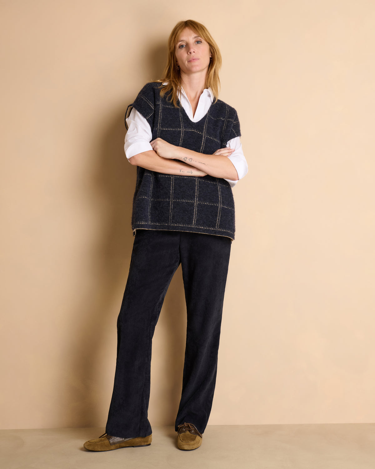 Pantalon bleu marine droit ceinture élastiquée en velours PELVET14/14089/317