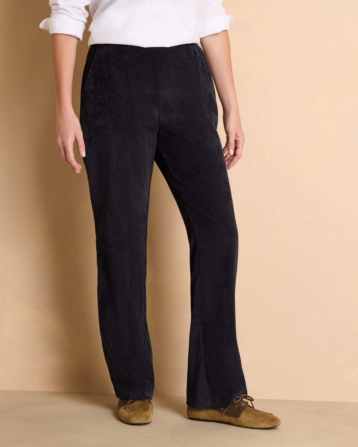Pantalon bleu marine droit ceinture élastiquée en velours PELVET14/14089/317