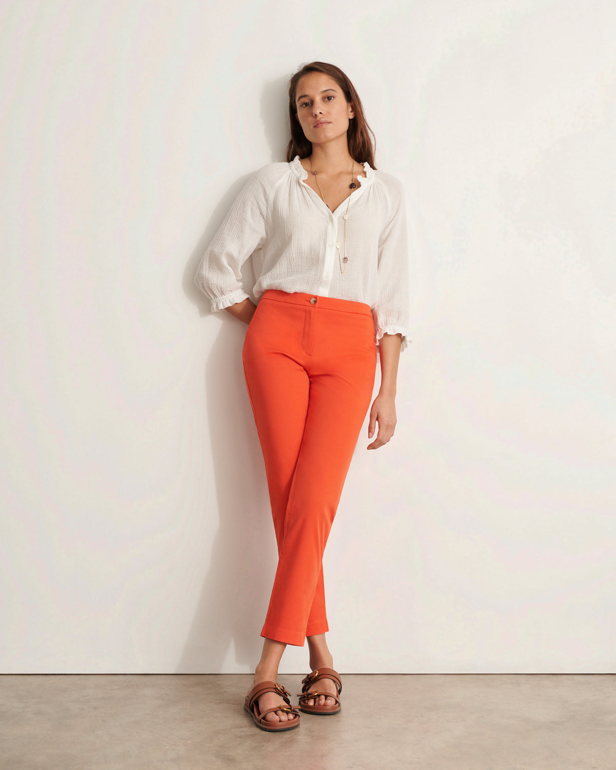 pantalon 7/8e droit en coton stretch orange