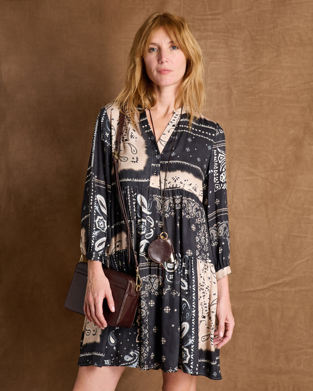 Robe courte noire imprimée manches 3/4 REDFORD/14160/671