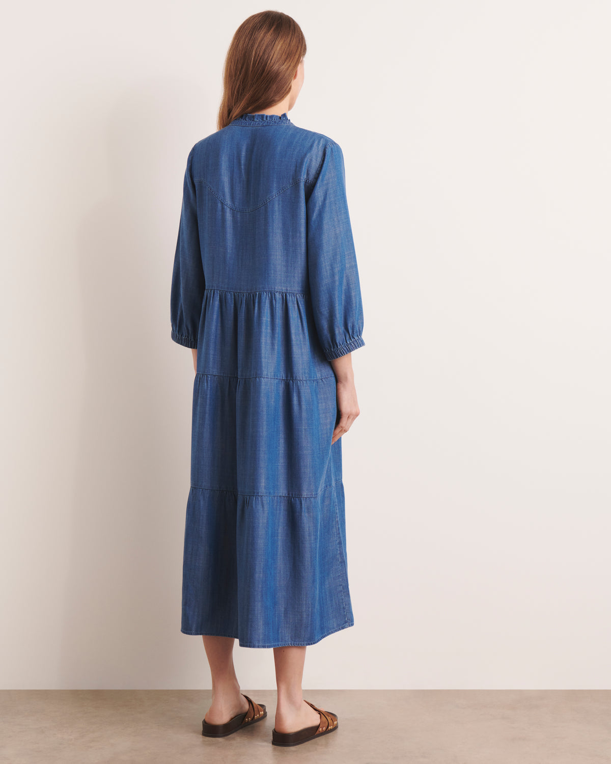 Robe longue bleue à volants longueur midi RITOURNELLE/13118/296
