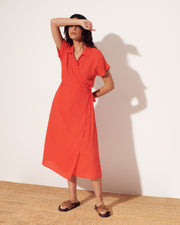robe cache-cœur longueur midi orange en lin
