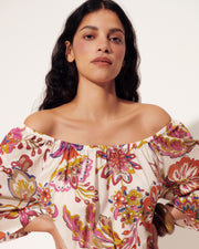 robe imprimée encolure dégagée et élastiquée en voile de coton