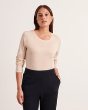 Tee-shirt col rond beige en coton et cachemire