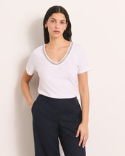 tee-shirt blanc encolure V en coton et lin