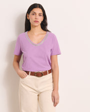 tee-shirt violet manches courtes encolure V en coton et lin