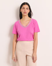 tee-shirt rose encolure V en lin et coton