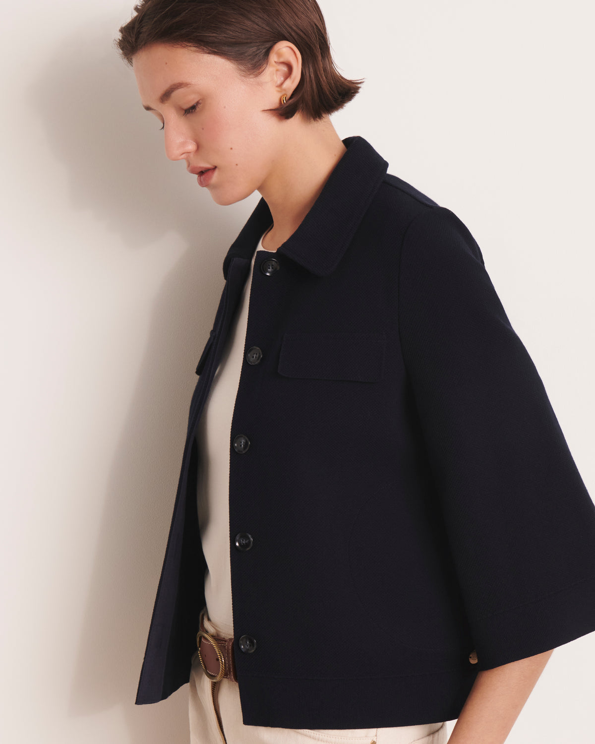 Veste boutonnée bleu marine en maille VALI/13244/317