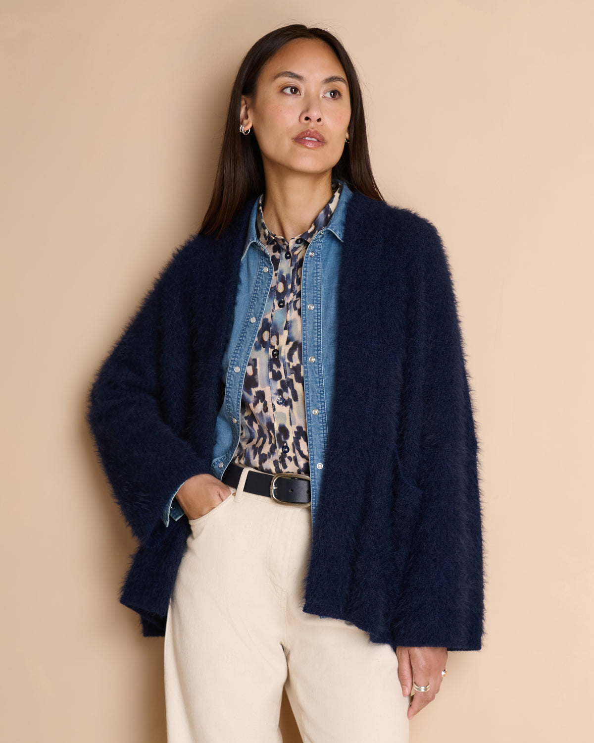 Veste bleu marine col châle en maille poilue de laine et alpaga VELOURS/14041/317
