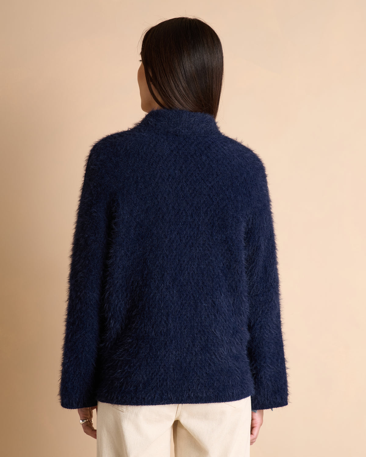 Veste bleu marine col châle en maille poilue de laine et alpaga VELOURS/14041/317