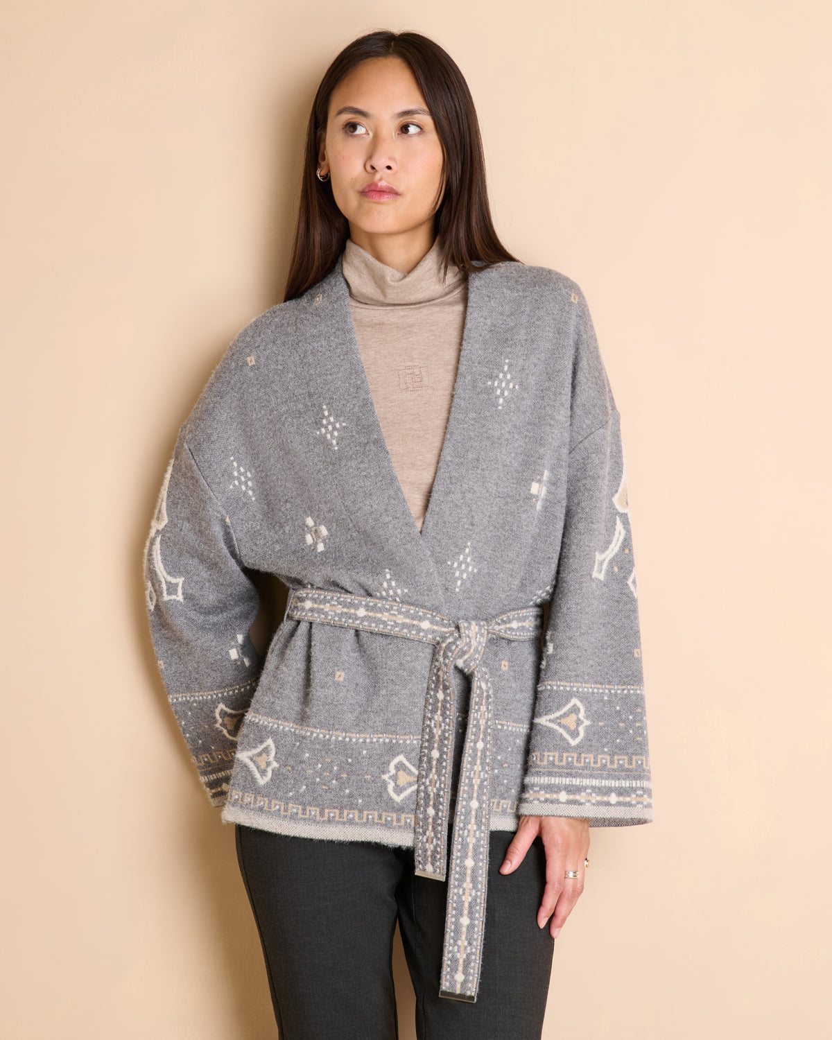 Veste grise imprimée ceinturée col châle VENISE/14008/911