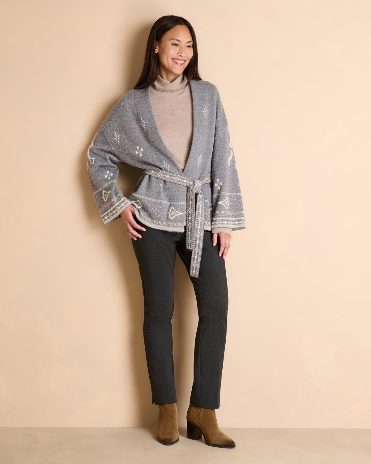 Veste grise imprimée ceinturée col châle VENISE/14008/911