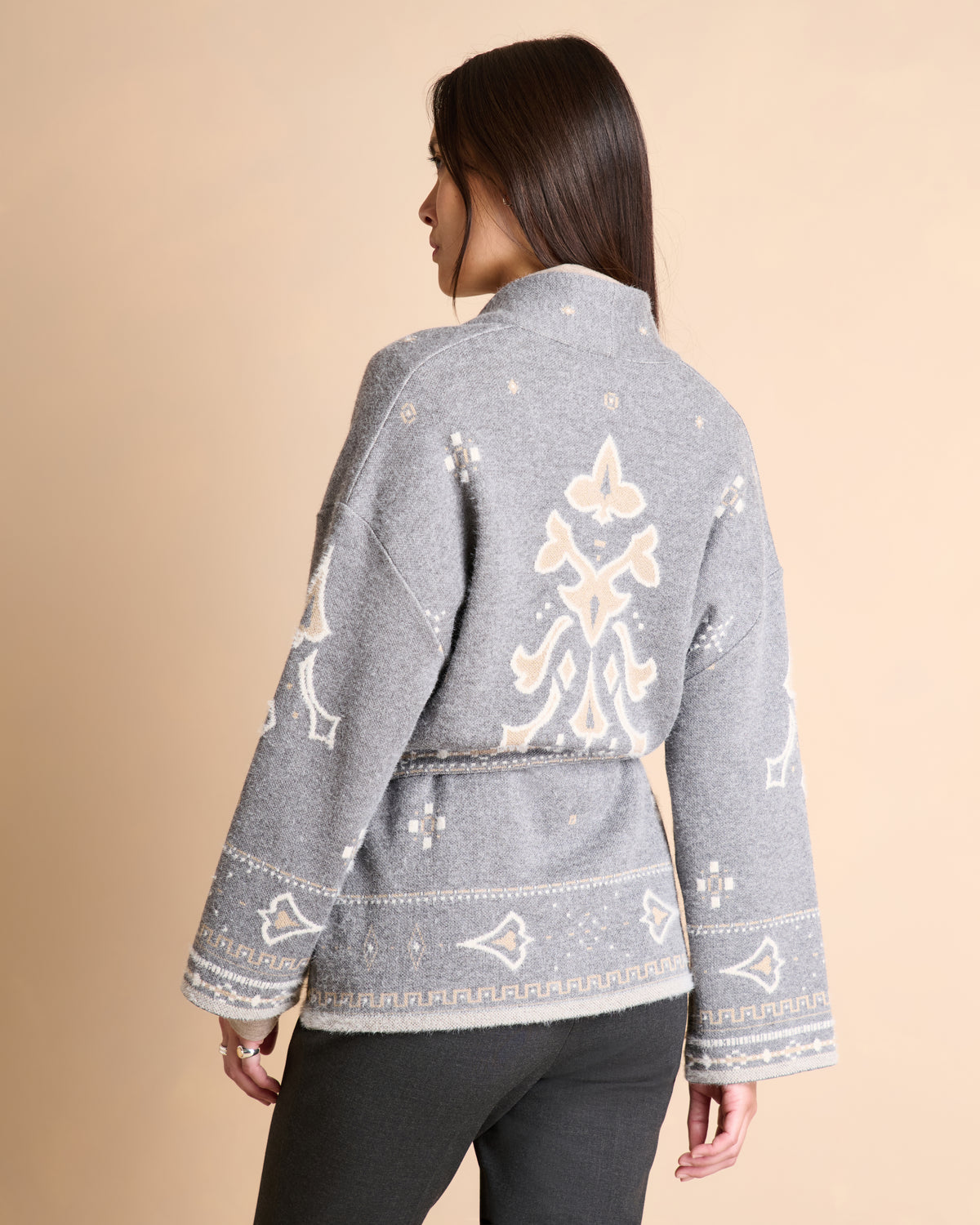 Veste grise imprimée ceinturée col châle VENISE/14008/911