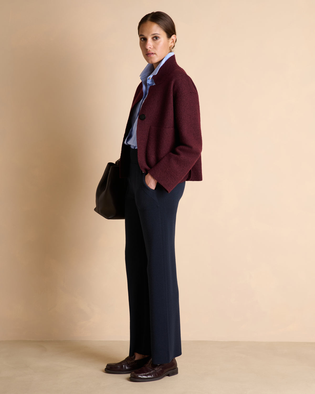 Veste courte bordeaux en laine bouillie col montant VEWTON1927/14204/816