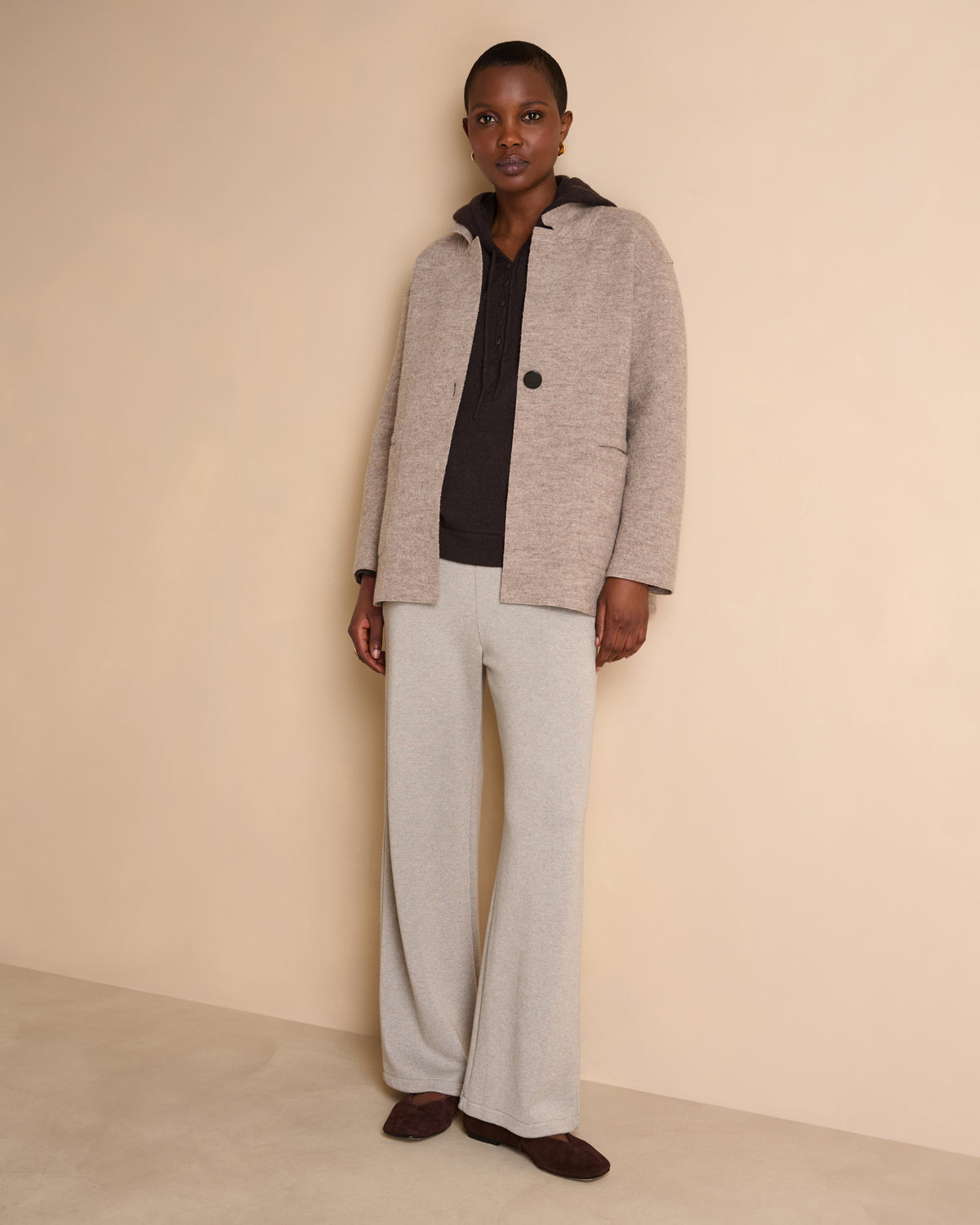 Pantalon beige large en laine mérinos YAULNE14/14126/790
